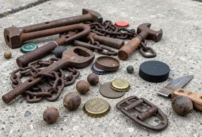 Collection metal objects found magnet fishing concrete - pesca con iman que se puede encontrar