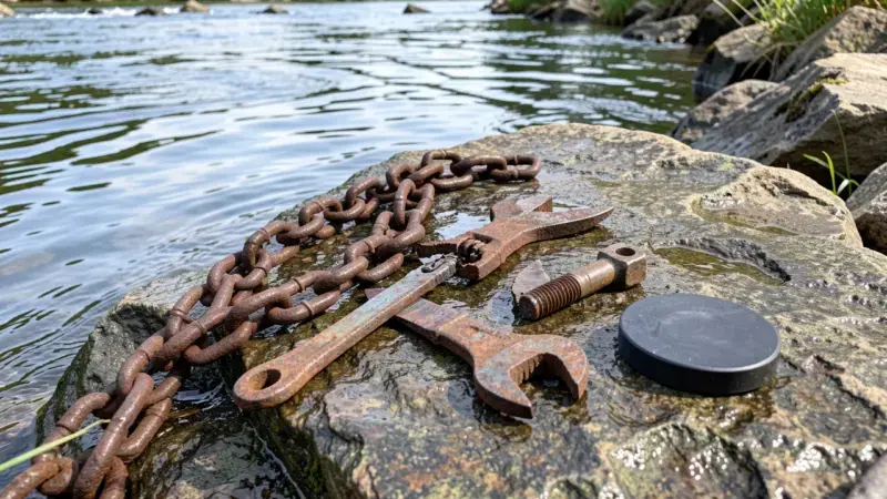 Objetos de hierro sacados del fondo de río con imán de neodimio - pesca con iman que se puede encontrar