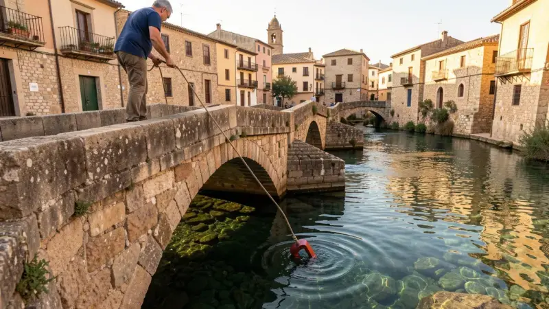Persona bajando imán con cuerda desde puente histórico sobre río urbano español - pesca magnetica donde ir españa