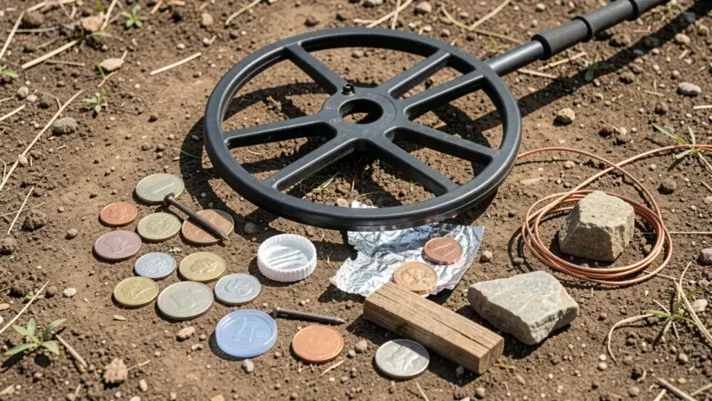 Bobina detector de metales sobre variedad de objetos: monedas, clavo hierro, aluminio, plástico, madera, piedra - qué activa