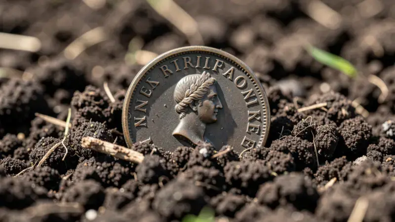 Moneda romana antigua emergiendo del suelo - que hacer si encuentras una pieza arqueologica en Espana
