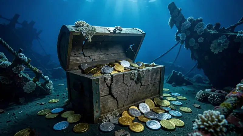 Monedas de oro antiguas y cofre hundido en el fondo del océano - tesoro en aguas internacionales derecho marítimo