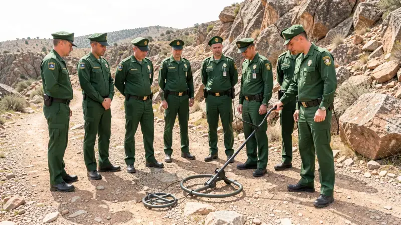 Agentes inspeccionando un detector de metales en terreno natural - que pasa si te pillan con detector de metales en Espana