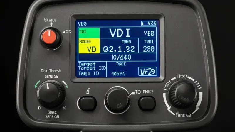 Panel de control de detector de metales con indicadores VDI, discriminación y ground balance - siglas y términos del detector