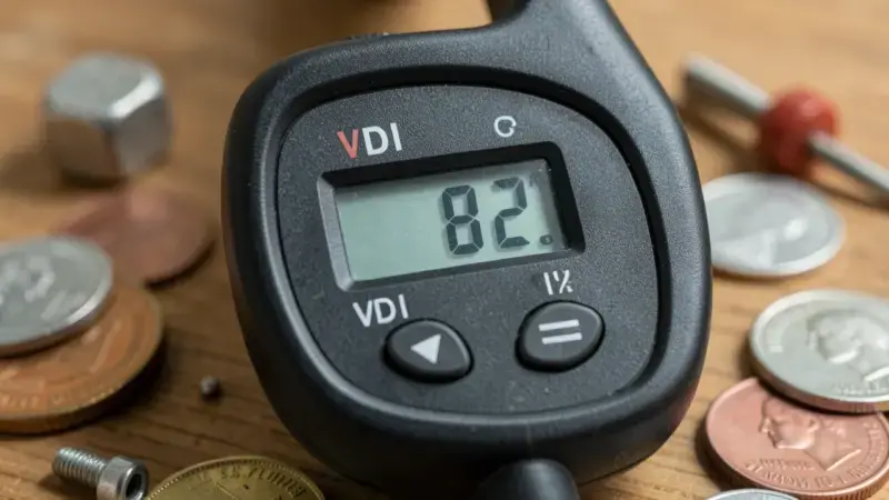 Panel de control de detector de metales mostrando número VDI 82 con monedas alrededor - qué significan los números