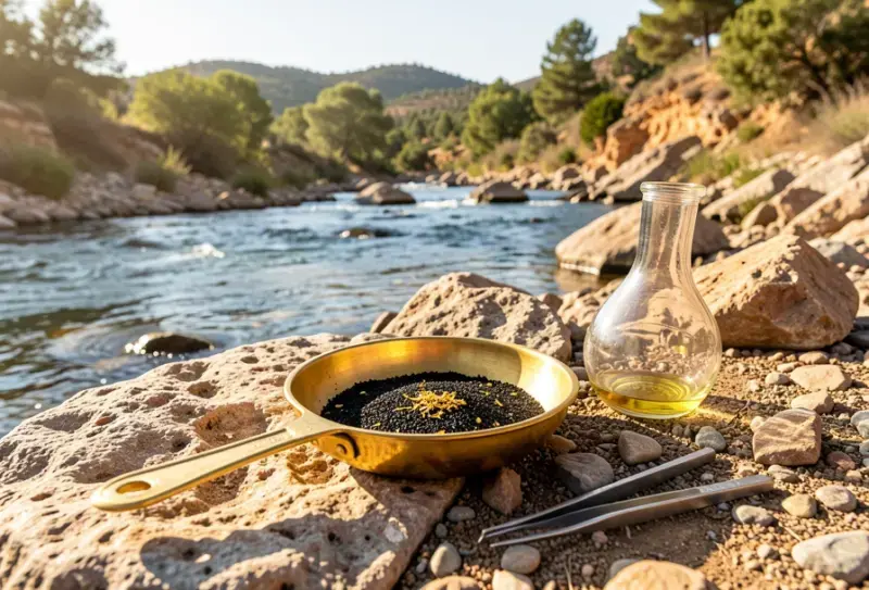 Equipo de bateo de oro: batea, clasificador y herramientas de prospección aurífera - rios auriferos andalucia