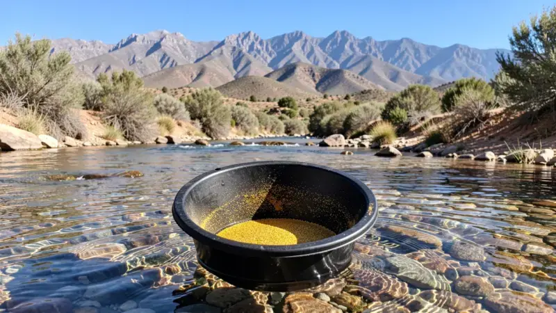 Batea con polvo de oro en río aurífero andaluz con Sierra Nevada al fondo - rios auriferos andalucia