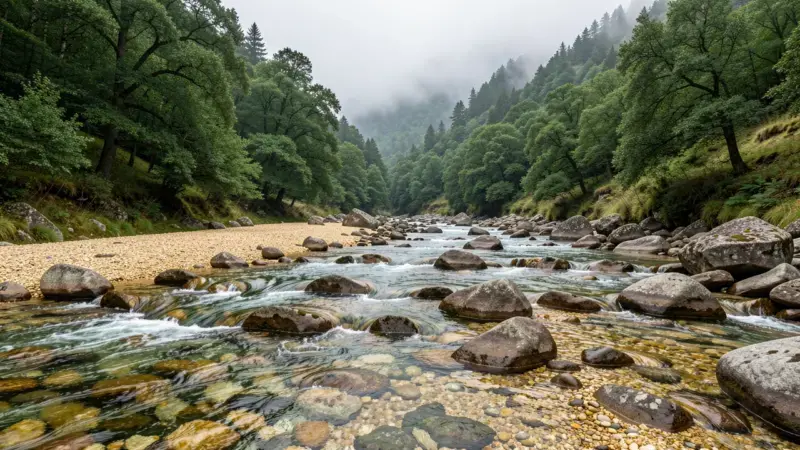 Río aurífero en el suroccidente asturiano con gravas auríferas y bosque atlántico - rios auriferos asturias