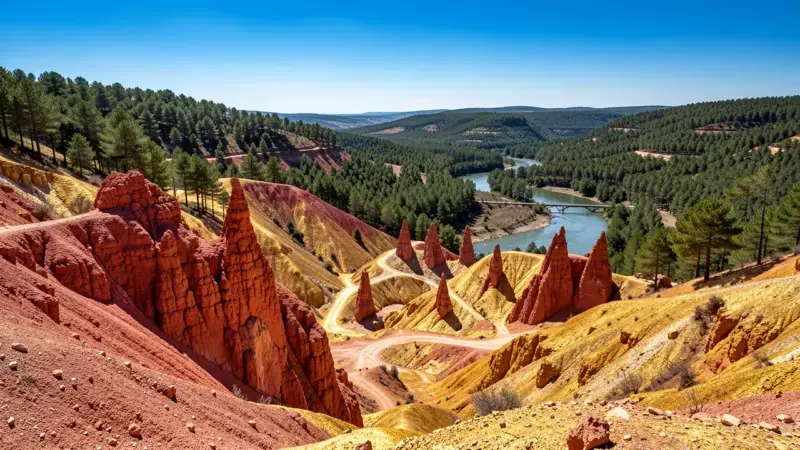 Paisaje de minería aurífera romana en León con columnas de arcilla roja y bosque de pinos - rios auriferos castilla leon