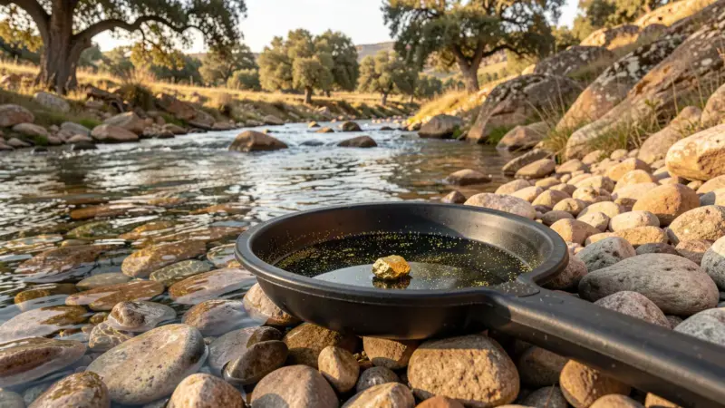Batea con pepita de oro en río aurífero extremeño con dehesa al fondo - rios auriferos extremadura