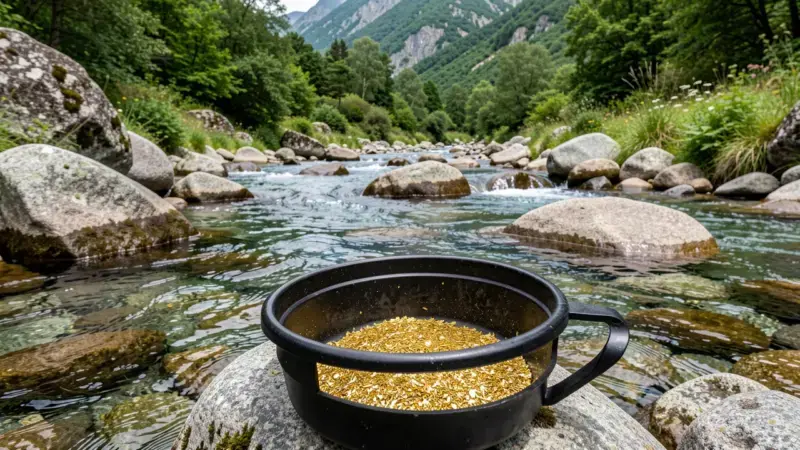 Batea con partículas de oro en río aurífero gallego entre granito y vegetación - rios auriferos galicia