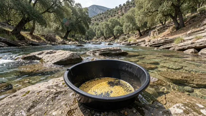 Batea con oro fino en el río Águeda entre rocas de pizarra en Sierra de Gata - rios auriferos salamanca