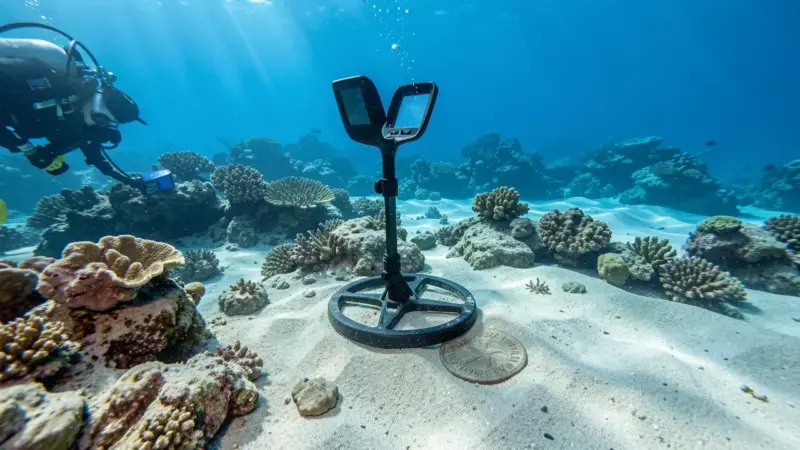 Detector de metales submarino sumergido en mar mediterráneo con moneda antigua en fondo arenoso - técnicas bajo el agua