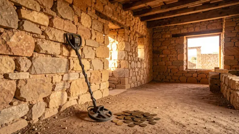 Detector de metales apoyado en pared de piedra de cortijo español abandonado con monedas antiguas en el suelo - detectar teso
